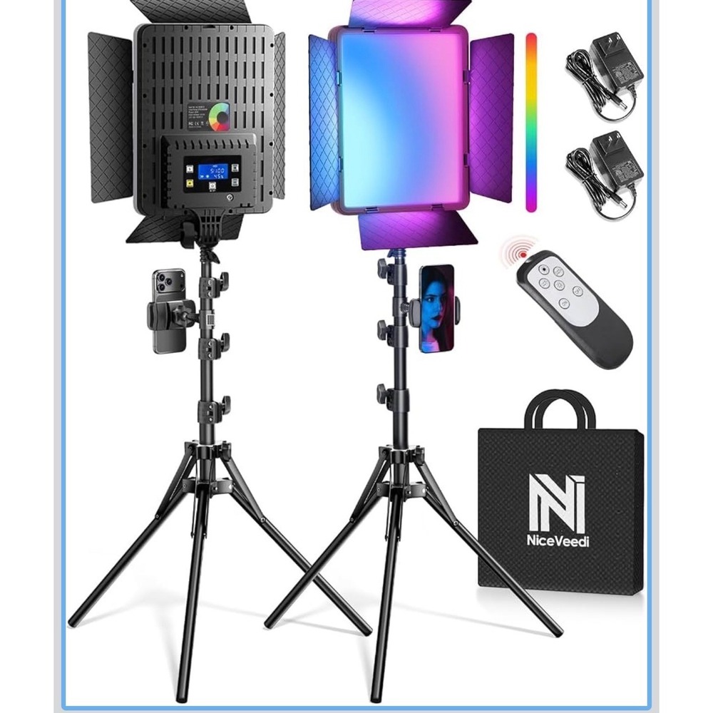 NiceVeedi RGB LED Photography Light Kit 2x 40W Panels Tripods Remote Bag Black
